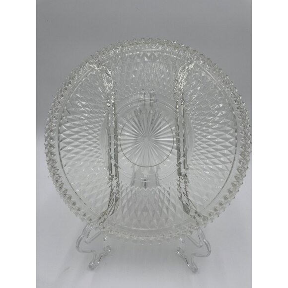 Vintage Clear Glass Divided Serving Tray With Intricate Diamond Cut Pattern & Sc - Picture 3 of 4